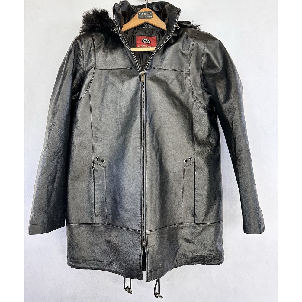 Marc Mattis Leather Jacket Coat Hooded Fur Trim Lined Zip Up Women's M